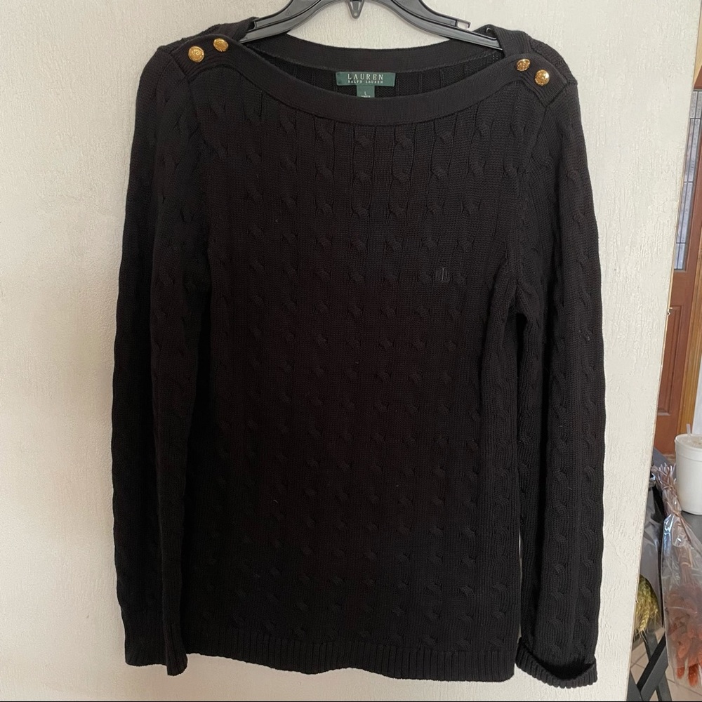 Lauren Ralph Lauren Black Cable-Knit Sweater with Gold Buttons